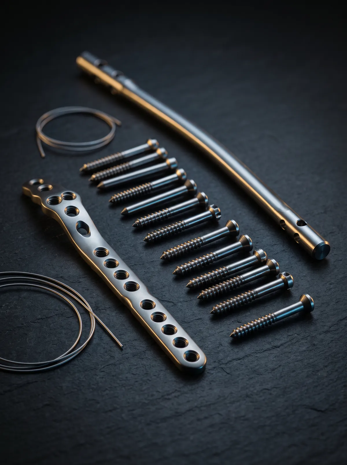 Bone plates, screws, a nail and wires laid out on slate